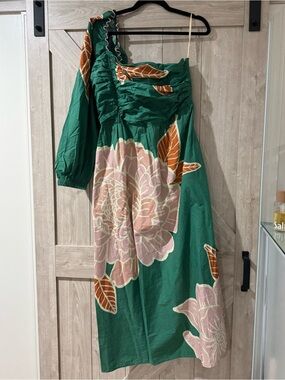 FARM Rio Green One-Shoulder Floral Midi Dress with Pink and Brown Accents